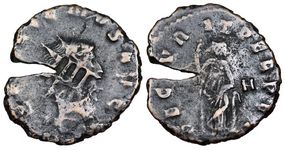 Gallienus SECVRIT PERPET Rome 280 countermark
                      of a temple