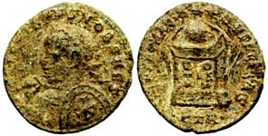 Crispus BEATA TRANQVILLITAS Trier 372;
                        Chi-Rho on shield
