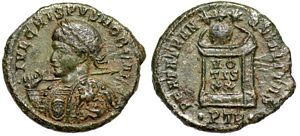 Crispus BEATA TRANQVILLITAS Trier 372;
                        Medusa on cuirass; shield with horseman spearing
                        enemy