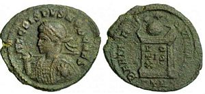 Crispus BEATA TRANQVILLITAS Trier 372;
                        Medusa on shield