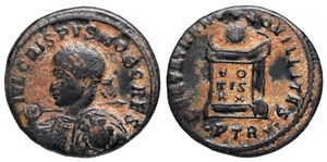 Crispus BEATA TRANQVILLITAS Trier 372;
                        Medusa on shield