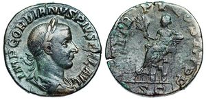 Gordian III P M TR P V COS III S-C RIC IV
                      Rome 303a Apollo seated left, holding branch.