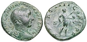 Gordian III P M TR P
                      IIII COS II S-C RIC IV Rome 306a Gordian in
                      military dress, stg. r., holding transverse spear
                      and globe.