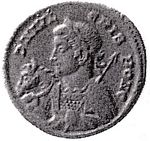 G11 bust   Crispus   cuirassed, spear across left shoulder, holding horse by bridle with left hand