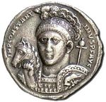 Constantine  H13 bust  high-crested helmet, cuirassed, three-quarters facing, holding horse by bridle with right hand, reversed spear on left arm