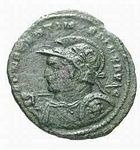 Constantine H6 bust laureate helmet, cuirassed,
                    spear across right shoulder, shield on left arm