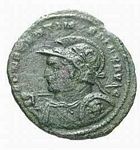 Constantine  H6 bust  laureate helmet, cuirassed, spear across right shoulder, shield on left arm