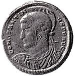 Constantine  H7 bust   laureate helmet, draped, spear pointing forward, shield on left arm