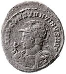Constantine H9 bust laureate helmet, cuirassed,
                    shield on left shoulder, Victory on globe in right
                    hand