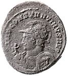 Constantine  H9 bust   laureate helmet, cuirassed, shield on left shoulder, Victory on globe in right hand