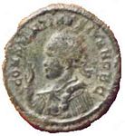 Constantine II    I10 Bust    laureate, draped, cuirassed, Victory on globe in left hand, raising right hand