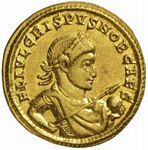 G10 Bust  Crispus   draped, cuirassed with spear pointing forward, globe in left hand