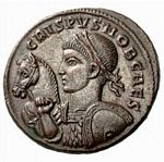 G12 Bust    Crispus   cuirassed, shield on left arm, holding horse by bridle with left hand