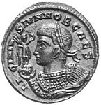 I1 Bust  Constantine II   laureate, draped, Victory on globe in right hand, mappa in left hand