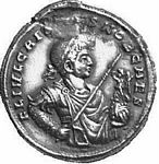 I4 Bust  Constantine II    laureate, draped, Victory on globe in left hand, spear pointing forward in right hand