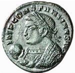 Constantine I  M2 bust  laureate, wearing trabea, holding globe