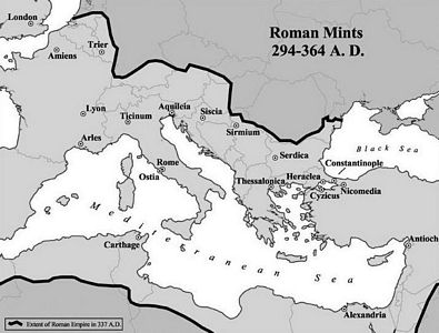 Map of Roman mints that Constantine the Great issued coins from. (except Amiens, it only issued coins from 350 - 353 A.D.)    map from Roman Bronze Coins-From Paganism to Christianity 294-364 A.D. by Victor Failmezger