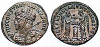 Constantine I VICTORIAE LAETAE PRINC PERP VLPP
                    Siscia 56 shield with horseman leaping over two
                    fallen enemies